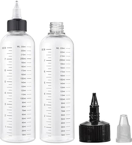 TNSLAND 2 Pièces Flacon Doseur à Embout, 230ml Flacon Applicateur Huile Cheveux avec échelle Graduée, Bouteille à Pousser Transparente pour La Peinture, L'artisanat, La Cuisine, Le Salon de Coiffure