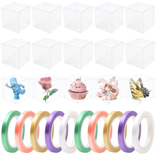 15 Pcs Plastic Clear Favour Boxes 9x9x9, Clear Plastic Gift Boxes with Gift Ribbons, Plastic Wedding Favour Boxes for Candy Wedding Party Festivals