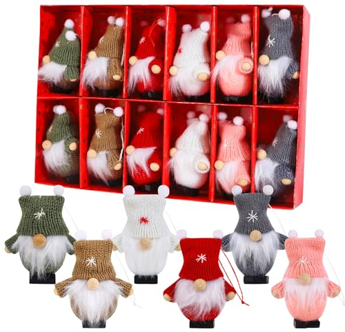 Anstore 12 Stück Weihnachtsdeko Wichtel - Christbaumschmuck, Strick Plüsch Baumanhänger Weihnachtsanhänger, Handgemachte Weihnachtsbaumschmuck Weihnachtswichtel für Ostern, Weihnachten