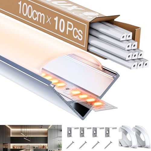 LASLUX Profilé LED Angle Aluminium 10 × 1M, Profilé en V en aluminium découpable LED Channel Rail, Canal Led et Diffuseur avec Embouts, Clips de Montage en Métal(V-1M, 10)
