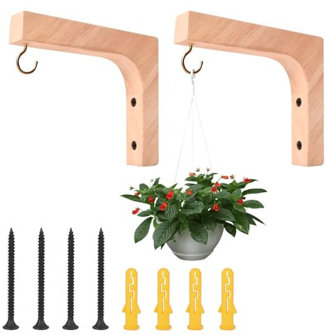Hanging Basket Bracket Indoor 2 Pack Wooden Wall Hooks for Hanging Plants Heavy Duty Hanging Plant Bracket with Screw for Lanterns, Flower Bracket, Pot, Wind Chimes, Bird Feeder, Hanging Baskets