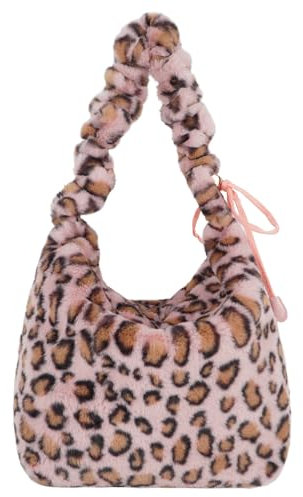 Meliyya Plüsch Handtasche Damen Leopardenmuster Flauschige Tote Bag Schultertasche Große Shopper Uni Arbeit Mädchen Schule, Leopardenmuster Rosa