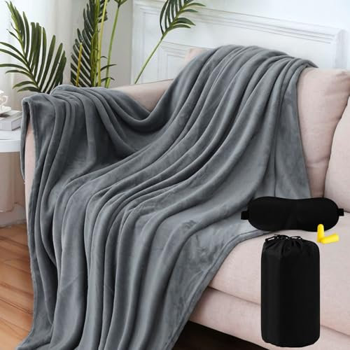 Reisedecke Ultraleicht Warm 200x150cm, Dunkelgrau Decke Flugzeug, Reisedecke für Flugzeug Auto, Camping Decke mit Schlafmaske und Ohrstöpsel Travel Gadget, für Camping, Büro, Geschäftsreisen