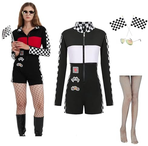 Rennfahrer Kostüm Damen Sexy Rennfahrer Overall Halloween Kostüm Outfits mit Sonnenbrille, Rennfahrer Overall, Strumpfhosen, karierte Flaggen Komplettes Kostüm set für Karneval, Cosplay (Weiß, S)