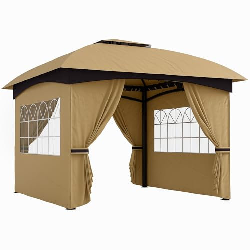Outsunny Gazebo da Giardino 3.4x3.4 m con Pareti Laterali e Finestre, Gazebo da Esterno Resistente Protezione UV Tenda Tendone Padiglione per Feste con Tetto a 2 Livelli, Struttura in Metallo, Beige
