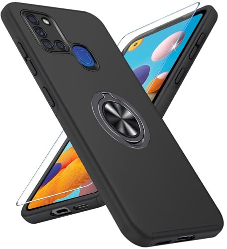 Handyhülle für Samsung Galaxy A21S Hülle mit Schutzfolie, Schutzhülle A21S Case mit Magnetischer Ring Ständer Kratzfest Fallfestigkeit Stoßfest Panzerhülle für Samsung A21S Cover (Schwarz)