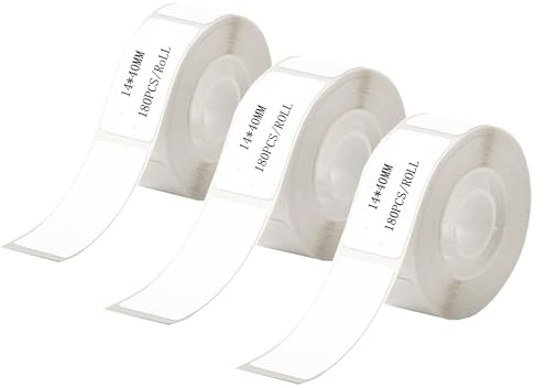AOERFASI 3 Rollen Etikettenband, Thermisch, 14 x 40 mm, für Etikettendrucker-Etiketten, zum Aufdrucken von Strichcodes, Namen, Preisen, Haushalt, Schule, Büro, usw. (180 Etiketten/Rolle)