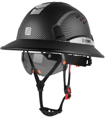 UM ULTRAMAXX Full Brim Hard Hat with Build-in Visor, ANSI Z89.1 OSHA Approved Construction Safety Helmet with Chin Strap for Men Women (Matte Black Helmet+Tinted Visor)