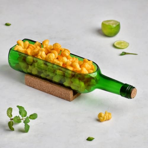 GoGiftid Upcycled Platter with Cork Stand Created Using Wine Bottle | Serving Tray | Handmade Eco-Friendly Appetizer Dish | Spoon Rest, Snack Plate | Sustainable Gift for Home, Bar & Café Use