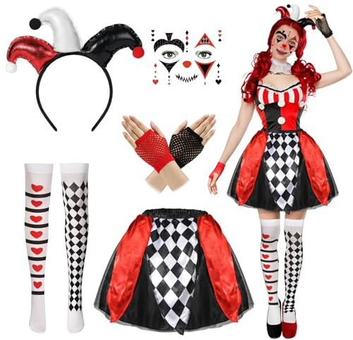 Beipegin Halloween Clown Kostüm Damen, Halloween Kostüm Damen Clown Zubehör | 5STK Harlekin Hut Haarreif Glitzersteine Gesicht Handschuhe Kniestrümpfe Tütü Rock, Harlekin Accessoires für Karneval Cosplay