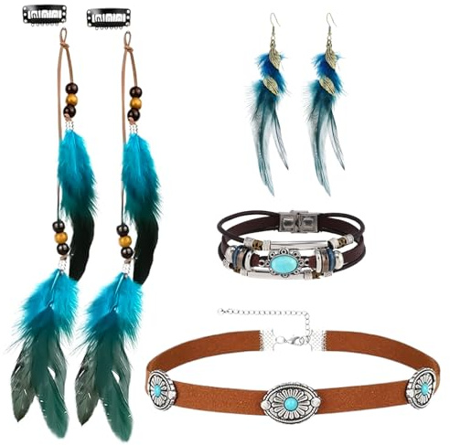 4 Vintage Indian Boho Karneval Accessoires Indianer Feder Haarschmuck Clip Feder Ohrringe Drop Leder Choker Halskette Leder Wrap Cuff Armband Boho Stammes-Schmuck für Damen Karneval Tribal Kostümparty