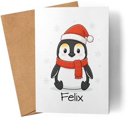Kiddle-Design Weihnachtskarte Namen personalisiert, Karte Weihnachten Geldgeschenk Junge & Mädchen mit Pinguin, Nikolausgeschenk, für Kinder mit Tier