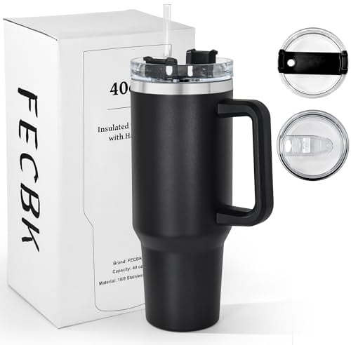 FECBK 40oz Tumbler with Straw and Lid 1.2L, 100% Leak-Proof Travel Mug with Handle, Stainless Steel Double Wall Vacuum Insulated Water Bottle Coffee Cup, Black