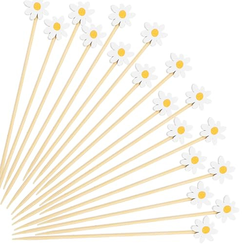 Gleevio 100 brochetas de cóctel de flores, margaritas | Palillos de madera para cócteles, 14 cm, flores, decoración para cócteles, para fiestas, cócteles, frutas, hamburguesas