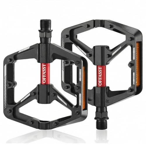 OFFASST Fahrradpedale Flats, CNC-Aluminium Flats für alle Fahrradttypen - 10 Anti-Rutsch-Stifte, Wasserdichtes Cr-Mo Achslager, 9/16