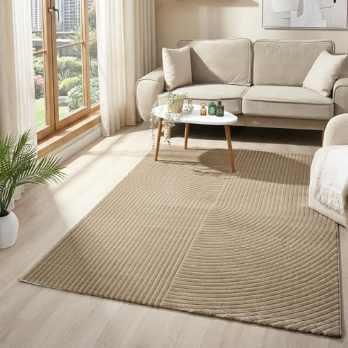 VIMODA Kurzflor-Teppich Boho modern – Dünner Wohnzimmer- & Schlafzimmerteppich mit 3D Hoch-Tief-Effekt, pflegeleicht,Maße:240 x 330 cm;Farbe:Beige