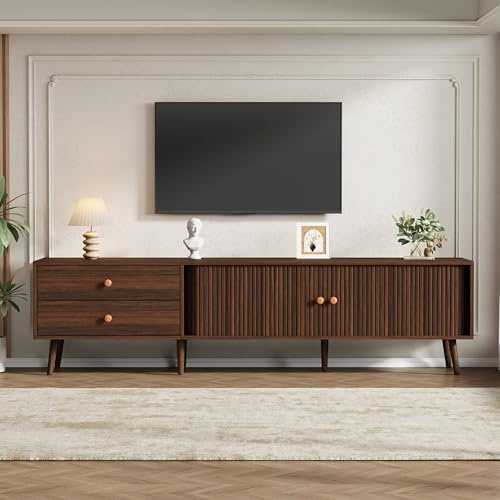 RAPRAP TV Schrank Holz 180cm mit 2 Schubladen & 2 Rollladentüren, TV Lowboard Stehend für 80 Zoll, Walnuss Fernsehschrank mit 8 Beinen, Stabil & elegant,N