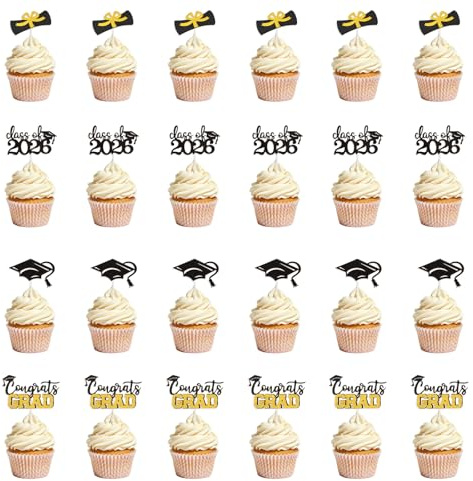 Esitrormi 24 Stück Abschluss Cupcake Topper 2026 Schwarz Gold, 4 Motive Muffinstecker für Abschlussfeier Dekorationen