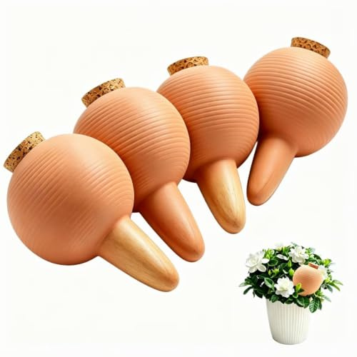 EUBSWA Set di 4 coni di irrigazione in terracotta autoirrigante per piante, irrigazione automatica per piante da appartamento e fioriere da balcone, serbatoio d'acqua 400 ml (colore naturale)