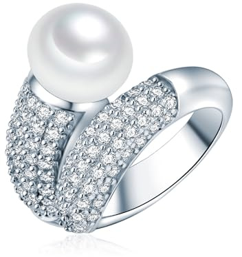 Valero Pearls Damen Ring 925/- Sterling Silber | rhodiniert, Cocktailring, Zirkonia, weiß, Süßwasser-Zuchtperle, ca. 9,0 - 10,0 mm, weiß, button