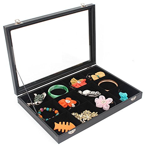 Sinoba Schmucklade Schmuckkasten Schaukasten Schmuckdisplay mit Glasdeckel (12 Fächer)