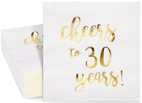 50 Servietten Cheers to 30 Years, 3-Lagig, Goldfolien-Aufschrift, Cocktailservietten, 25,4 x 25,4 cm Ungefaltet, Weiß