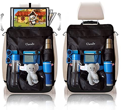 Clamadie- Proteggi Sedili Auto Bambini 4x1, Salva Postura Collo, Porta Tablet Ipad a Ribalta (max 12 pollici), Protezione Bambino, Porta Oggetti Giochi e Accessori Organizer Sedile