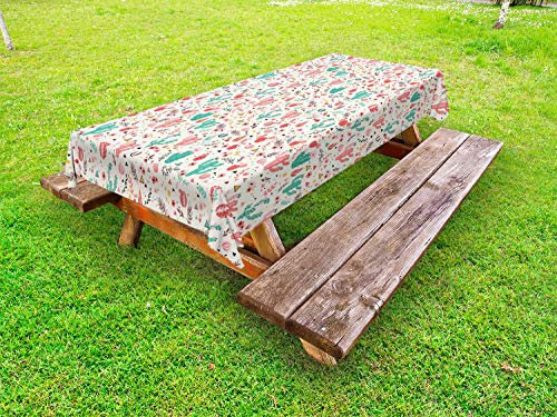 ABAKUHAUS Botanique Nappe Extérieure, Fleurs de Cactus Plante, Nappe de Table de Pique-Nique Lavable et Décorative, 145 cm x 305 cm, Sombre Mer de Corail Vert