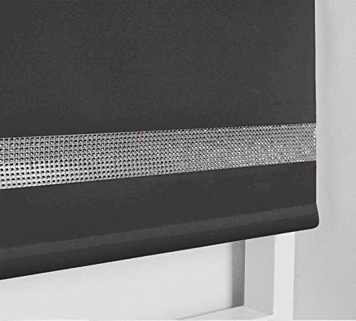 Easy to Fit Thermal BLACKOUT Dim Out Sparkle Diamond DIAMANTE Roller Blind (Child Safe) Charcoal 180cm