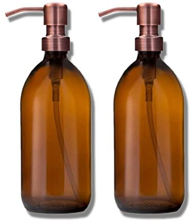 Amber Glass Bottles 500ml Soap Dispenser with Metal Pump (BPA-Free) Brown Glass Empty Soap Dispensers – Reusable Refillable Eco friendly, Sustainable Living/Gift (Antique Copper-Style, 2)