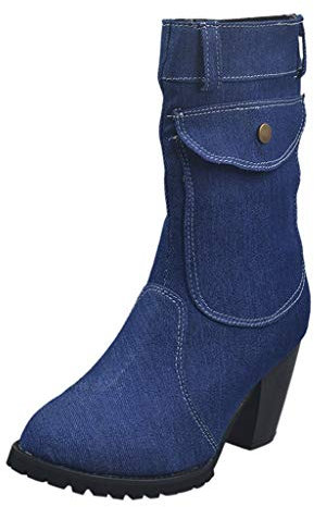 Stivali da Neve Donna Scarpe Stivaletti Invernali Outdoor Stile Grande Tacco Alto in Denim a Tubo Medio (38,Blu Scuro)