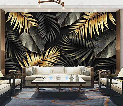 Papier Peint 3D Panoramique Feuilles Tropicales Noir Et Or Fond D'écran Papier Peint Intissé Salon Chambre Décoration Murale Wallpaper 350x250cm XXL