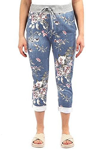 Style Lockers® Women's Italian Multi Printed Floral Turn Up Trouser - Ladies Elasticated Waistband Causal Summer Drawstring Pant with Side Pockets Gym Running Workout (Floral Light Denim, 16-18)
