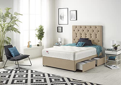 Bed Centre Premier Divan Bed Set with Sprung Memory Foam Mattress, 2 Drawers and a Matching Headboard - Available in Multiple Fabrics and Colours (4FT Small Double, Plush Beige)