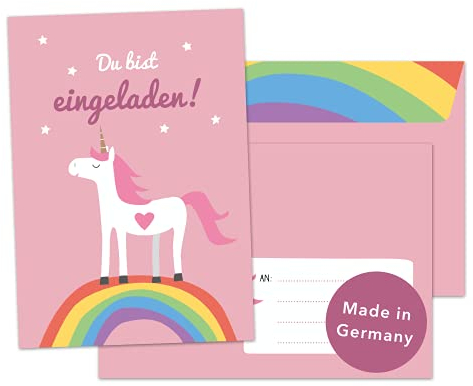 Decento® Einladung Geburtstag Einhorn - 8 Karten mit Umschlag für Mädchen - Kindergeburtstag niedlich mit Regenbogen - Einladungskarten für Kinder zum Ausfüllen und Beschriften