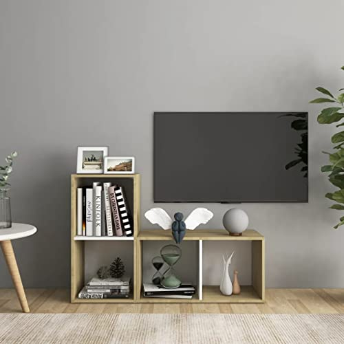 vidaXL 2X TV Schrank mit 2 Fächern Lowboard Sideboard Fernsehtisch Fernsehschrank TV Möbel HiFi-Schrank Weiß Sonoma-Eiche 72x35x36,5cm Holzwerkstoff