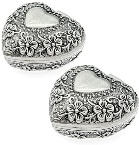 JZK 2x Metal velvet small trinket box with lid, Victorian style carved ring box, vintage heart shaped jewellery keepsake gift box small, earrings storage case