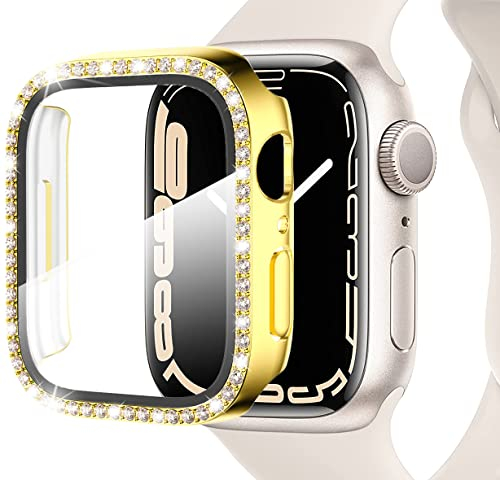 Miimall Kompatibel mit Apple Watch Series 6/SE/5/4 40mm Hülle mit mit Glas Displayschutz, Strass Glitzer Harter PC Schutzhülle Kratzfest Schutzfolie Schutz Case für iWatch 40mm - Gold