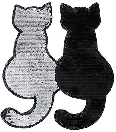 Pailletten Stickaufnäher in Katzenform, 2 Stück Schwarz | Selbstgemacht an Kleidung und Taschen, Gewebe mit Pailletten, zum Aufnähen als Applikation