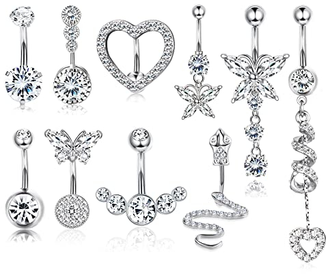 Kakonia 10stk 14G Bauchnabelpiercing Chirurgenstahl Herz Schlange Schmetterling CZ Bauchnabelringe baumelnde Piercing Bauchnabel für Damen Silber