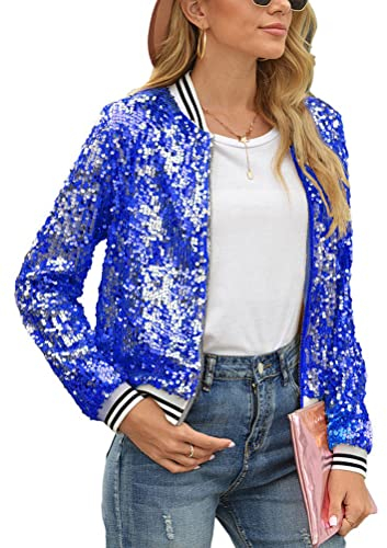ORANDESIGNE Damen Pailletten Glitzer Mehrfarbige Metallic Sommer Festival Party Bomberjacke Pailletten Crewneck Bomberjacke Glitzer Jacke Langarm Reißverschluss Crop Jacke D Blau XL