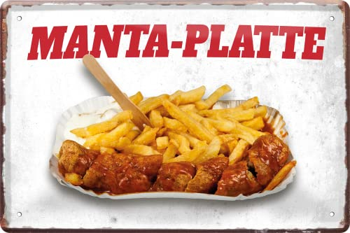 WOGEKA ART Retro Blechschild - MANTA-PLATTE: CURRY-WURST mit POMMES - Lustiger Spruch als Geschenkidee zu Geburtstag Weihnachten als Deko Schild 20x30 cm Vintage Metallschild 2291