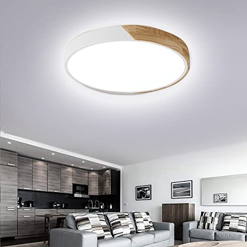 BFYLIN 48W LED Deckenleuchte Holz Kaltweiß 6000K Deckenlampe Wohnzimmer Runde Lampe Schlafzimmer Küche Panel Leuchte Energie Sparen Licht (Kaltweiß Ohne Fernbedienung)