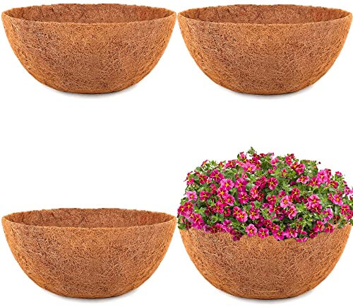 HFHOME 4 forros colgantes de fibra de coco de 30,4 cm, forros naturales para macetas, repuesto de fibra de coco redonda gruesa para interiores y exteriores, jardín, porche, balcón