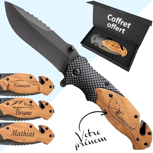 KDO MAGIC Couteau de survie personnalisé - Prénom gravé - Lame de sécurité personnalisable - Manche en bois gravé - Effet carbone - Cadeau Saint-Valentin -Idée cadeau homme anniversaire (Modèle coeur)