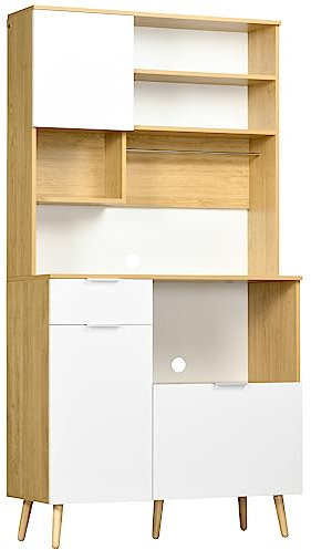 HOMCOM Dispensa da Cucina in Truciolato e Legno di Pino con Armadietti, Cassetti, Ripiani Regolabili e Appendino, 93x40x180 cm, Bianco e Color Legno