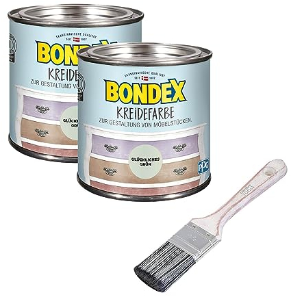 Bondex 2er-Set Kreidefarbe 0,5 L Glückliches Grün mit Flachpinsel | Möbelfarbe für den Innenbereich | Leichte Verarbeitung für kreative DIY-Priojekte | Vintage-Look | Shabby-Chic
