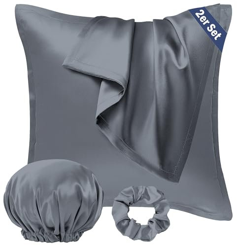 Seiwohl Taie d Oreiller en Satin 60x60 Lot de 2, Similaire aux Taies d'oreillers en Soie 60 x 60 cm Housse Coussin Protege Silk Pillowcase, Certifiée Oeko-TEX, Gris Foncé, avec 1 Chouchou et 1 Bonnet