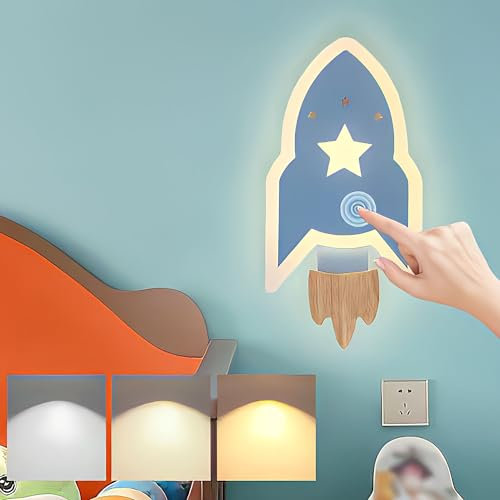 LED Wandleuchte mit Touch Schalter Dimmbar Holz Wandlampe 12W Kinder Rakete Nachtlicht Modern Innen Wandbeleuchtung für Jungen Mädchen Kinderzimmmer Schlafzimmer Nachttisch Wohnzimmer Treppen Flur