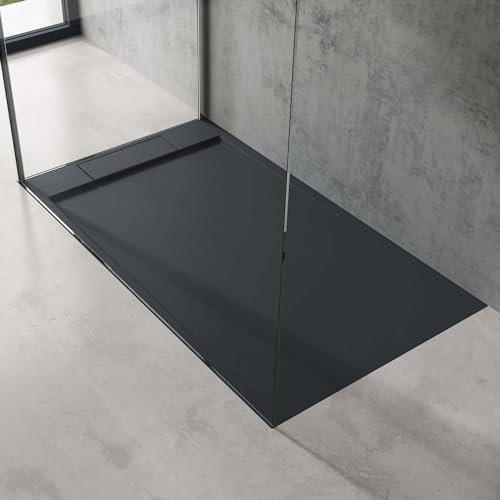 doporro Receveur de Douche Design Ultra Plat 4 cm Bac à Douche Rectangulaire en Solid Surface Gris Noir Mat Geoma04 80x140x4 cm